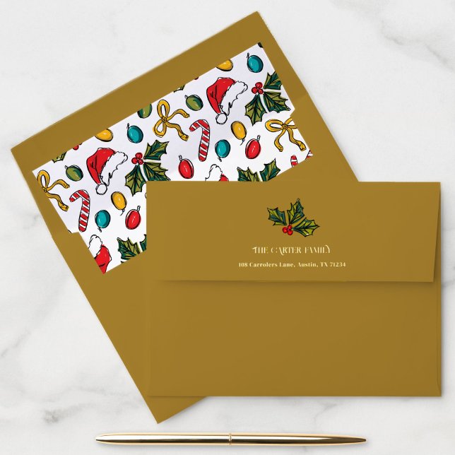 Hand Drawn Christmas Holly Berries Return Address Envelope (Golden return address envelope featuring a playful holly berries sketch and Christmas pattern liner.)