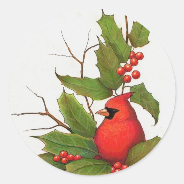 Hand-Drawn Christmas Illustration: Holly, Cardinal Classic Round Sticker (Front)