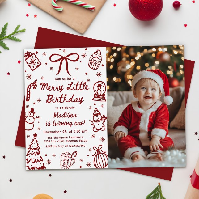 Hand Drawn Christmas Merry Little Birthday Photo Invitation (Creator Uploaded)
