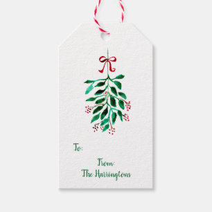Hand-Drawn Christmas Mistletoe Pretty Watercolor Gift Tags