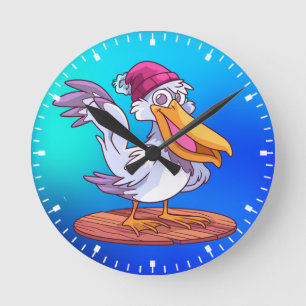 Hand Drawn Christmas Pelican Cartoon Illustration- Round Clock