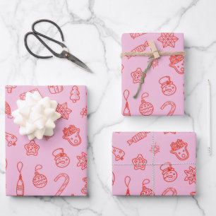 Hand drawn  Christmas Pink and Red Wrapping Paper