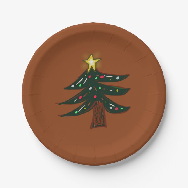Hand Drawn Christmas Tree Brown  Paper Plate (Front)