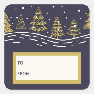 Hand drawn christmas trees blue and gold square sticker