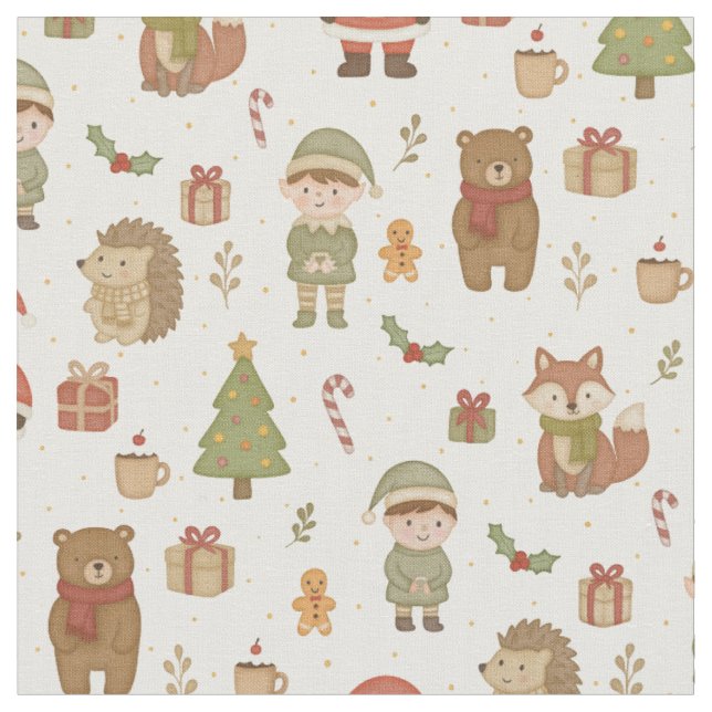 Hand Drawn Christmas Woodland Fabric (Close Up)