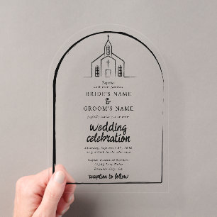 Hand Drawn Church Traditional Whimsical Wedding Acrylic Invitations