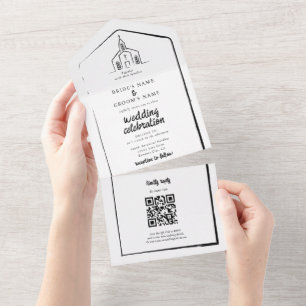Hand Drawn Church Traditional Whimsical Wedding All In One Invitation