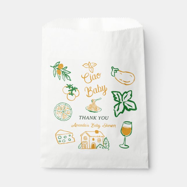 Hand Drawn Ciao Italian Pizza & Pasta Baby Shower Favour Bags (Front)