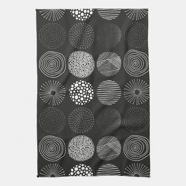 Hand drawn Circles Abstract Black & White B/W Tea Towel (Vertical)
