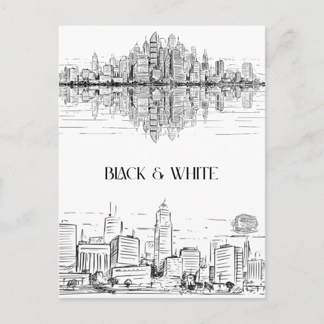 Hand Drawn City Line Art Skyline | Monochrome Postcard (Front)