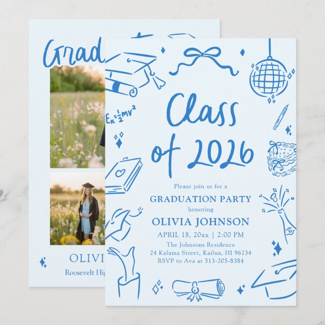 Hand Drawn Class of 2026 Blue Graduation Party Invitation (Front/Back)