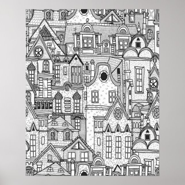Hand Drawn, Classic Country Village, Colouring Pag Poster (Front)