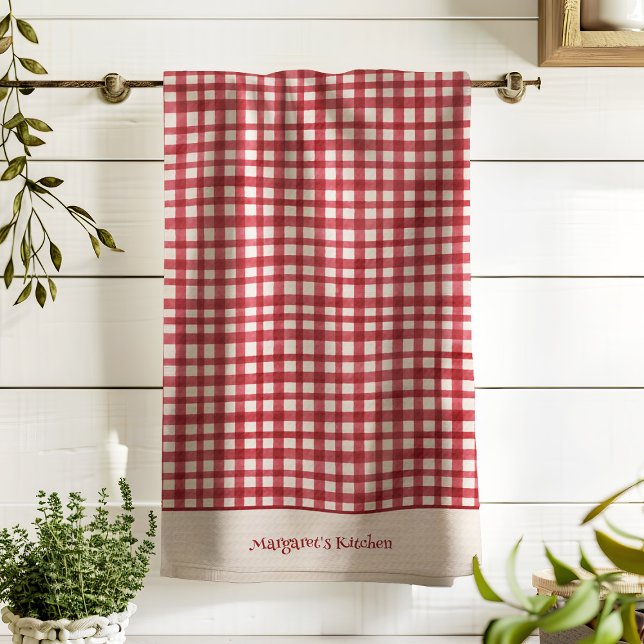 Hand Drawn Classic Red Gingham Add Name Christmas Tea Towel (Creator Uploaded)