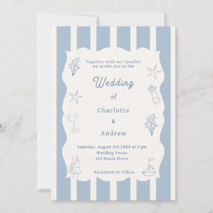 Hand drawn coastal beach dusty blue ivory wedding invitation