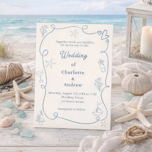 Hand drawn coastal beach dusty blue ivory wedding invitation
