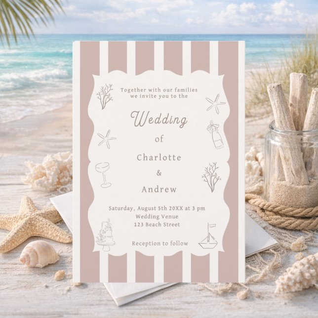 Hand drawn coastal beach ivory taupe wedding invitation (Creator Uploaded)