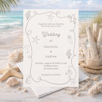 Hand drawn coastal beach taupe sand ivory wedding