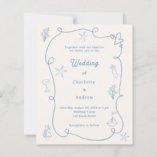 Hand drawn coastal blue ivory wedding invitation