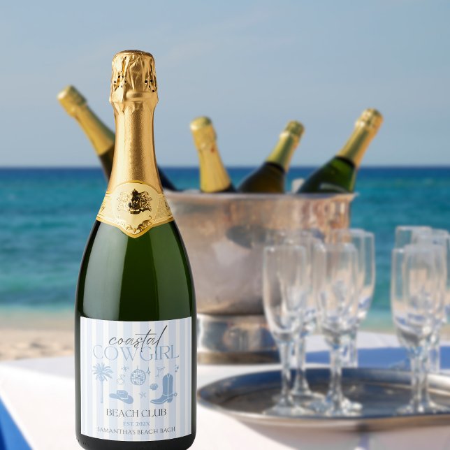 Hand Drawn Coastal Cowgirl Beach Club Bachelorette Sparkling Wine Label (Coastal Cowgirl Bachelorette Party Wine Label)