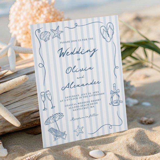 Hand Drawn Coastal Dusty Blue Beach Wedding Invitation (Creator Uploaded)