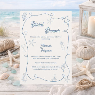 Hand drawn coastal dusty blue ivory Bridal Shower Invitation