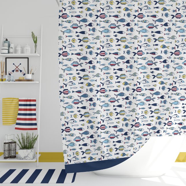 Hand-Drawn Coastal Fish Pattern Shower Curtain (Creator Uploaded)