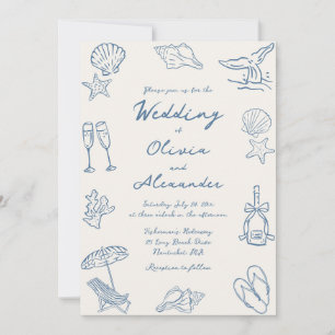 Hand Drawn Coastal Whimsical Doodle Beach Wedding Invitation