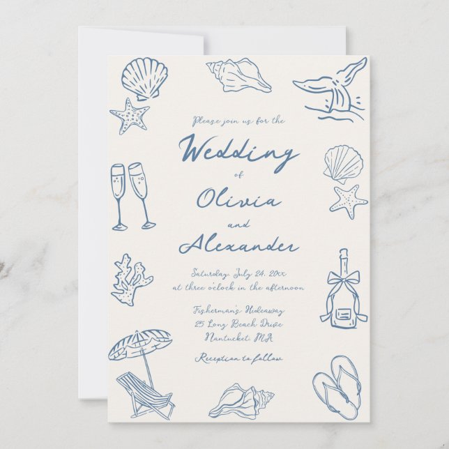 Hand Drawn Coastal Whimsical Doodle Beach Wedding Invitation (Front)