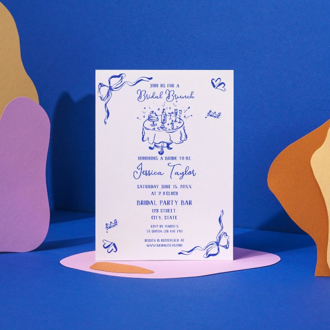 Hand Drawn Cobalt Blue Bridal Brunch French Bow Invitation (Creator Uploaded)
