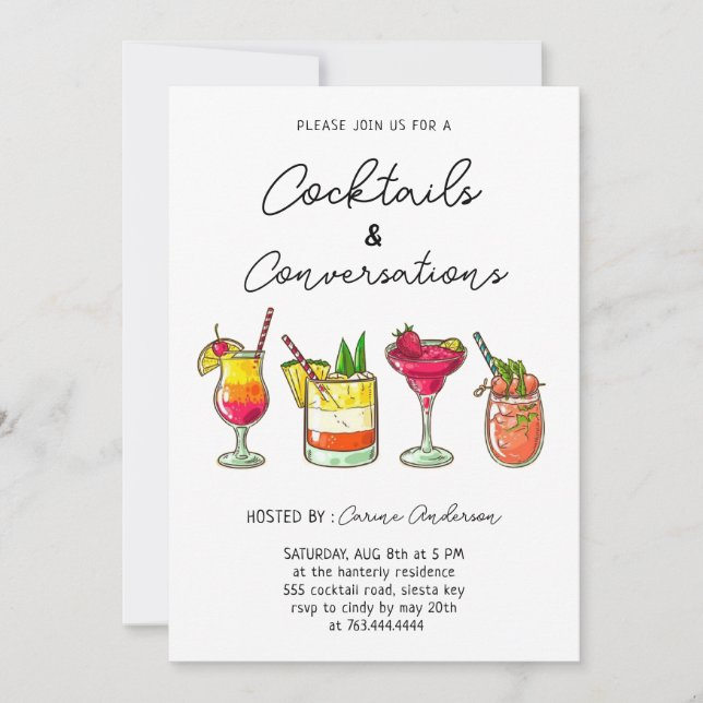 Hand drawn Cocktails and Conversation Party Invitation (Front)