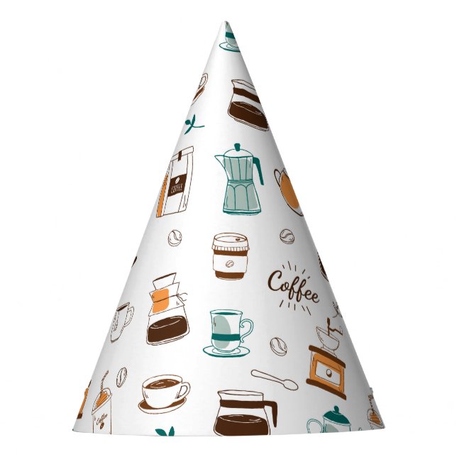 Hand Drawn Coffee and Cafe Pattern Party Hat (Front)