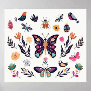 Hand drawn collection of spring summer elements wi poster