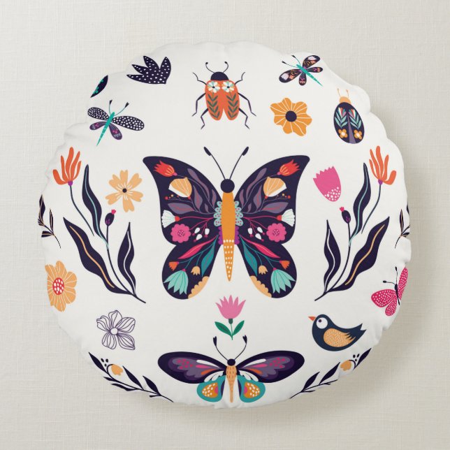 Hand drawn collection of spring summer elements wi round cushion (Front)