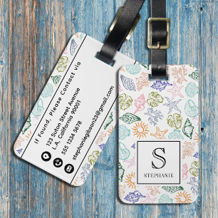 Hand Drawn Colorful Sea Shells Pattern Monogrammed Luggage Tag