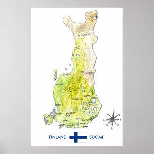 Hand Drawn Colour Map of Finland Poster