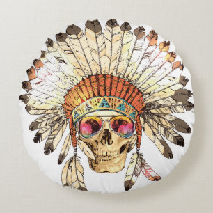 Hand Drawn Colour Native American Indian Headdress Round Cushion