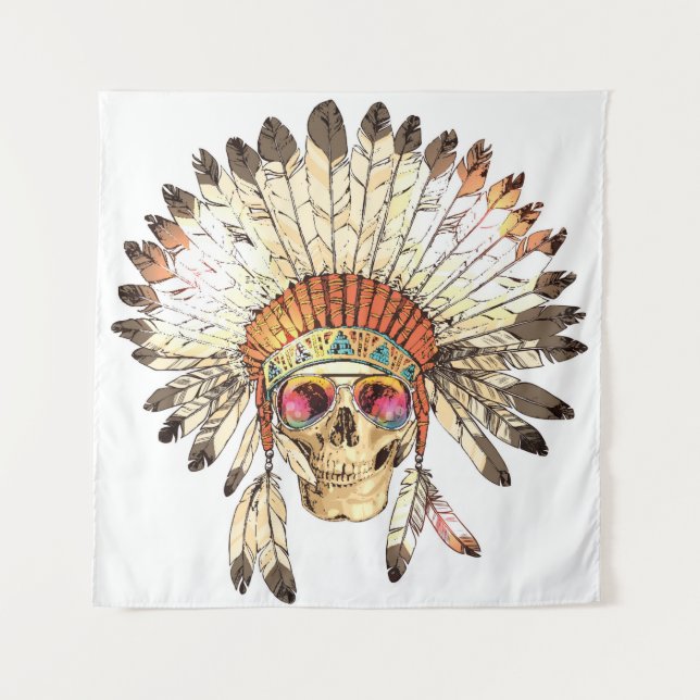 Hand Drawn Colour Native American Indian Headdress Tapestry (Front)