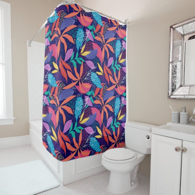 Hand Drawn Colourful Abstract Leaves Pattern Shower Curtain (In Situ)