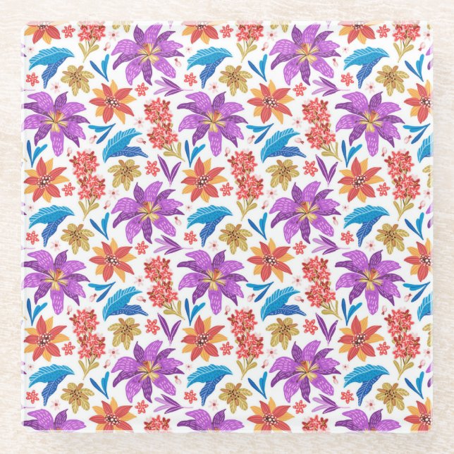 Hand Drawn Colourful Exotic Floral Pattern-70703 Glass Coaster (Front)