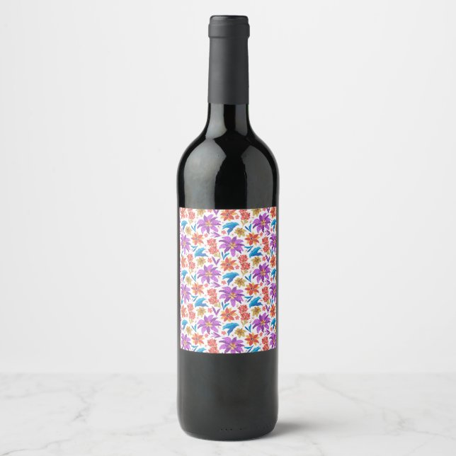 Hand Drawn Colourful Exotic Floral Pattern-70703 Wine Label (Front)