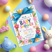 Hand-Drawn Colourful Floral Bow Border Baby Shower