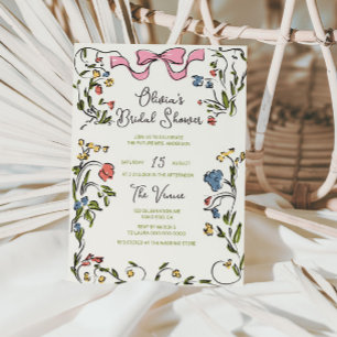 Hand Drawn Colourful Floral Frame Bow Bridal Showe Invitation