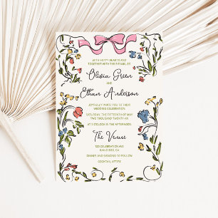 Hand Drawn Colourful Floral Frame Bow Wedding Invitation