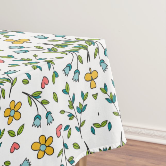 Hand-Drawn Colourful Floral & Hearts Pattern  Tablecloth (In Situ)
