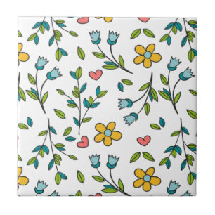 Hand-Drawn Colourful Floral & Hearts Pattern Tile