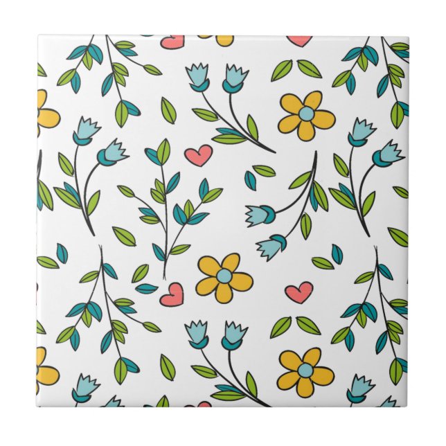 Hand-Drawn Colourful Floral & Hearts Pattern  Tile (Front)
