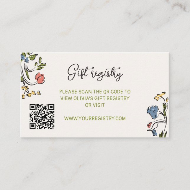 Hand Drawn Colourful Floral QR Code Bridal Shower Enclosure Card (Front)