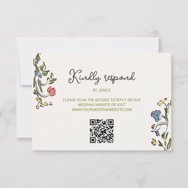 Hand Drawn Colourful Floral QR Code RSVP Card (Front)