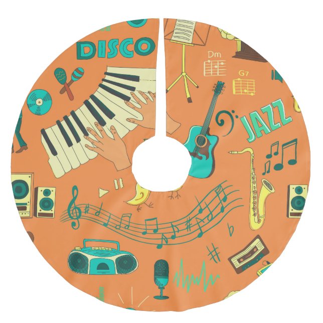 Hand-drawn colourful music pattern brushed polyester tree skirt (Front)