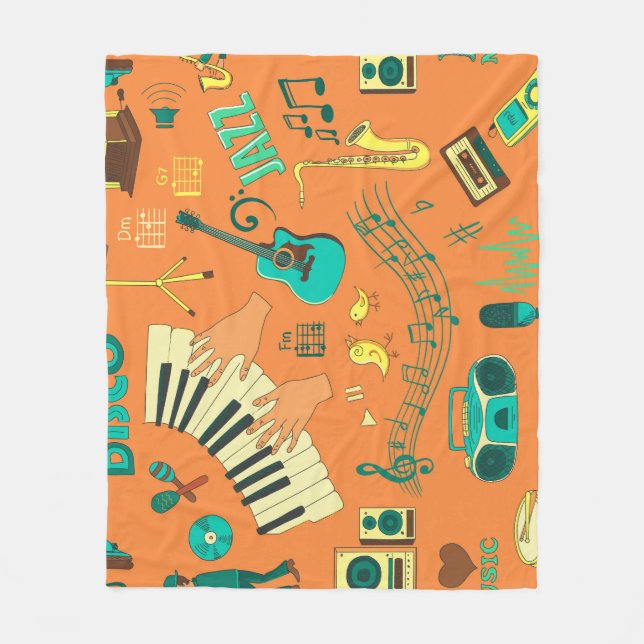 Hand-drawn colourful music pattern fleece blanket (Front)